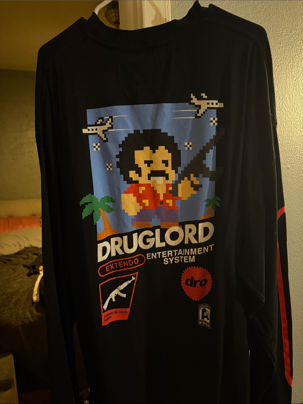 Black Long-Sleeve Tee with Red 'dro' Logo